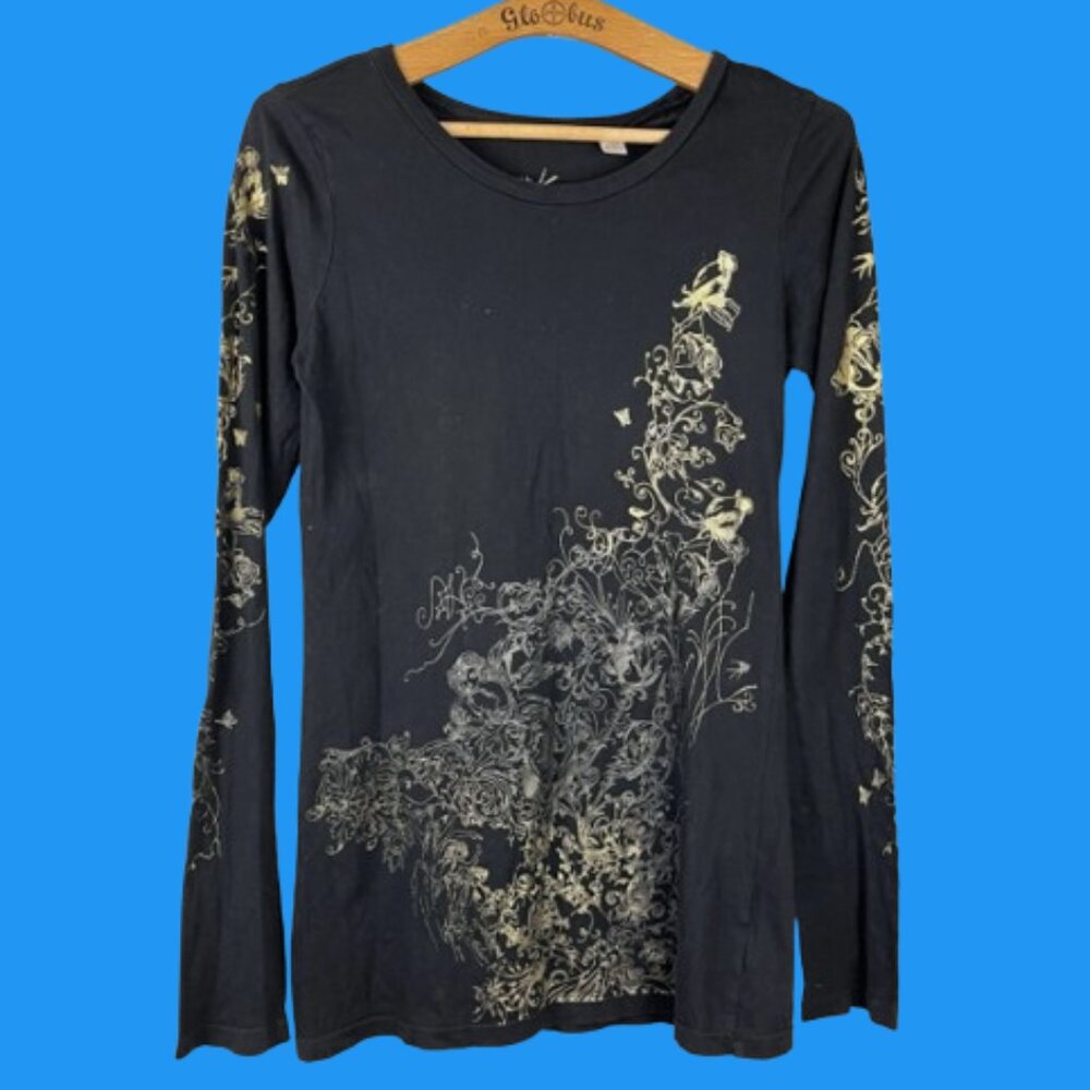 Vintage Y2K Cache Tee'z Black Gold Floral Butterfly T-Shirt Womens M Long Sleeve